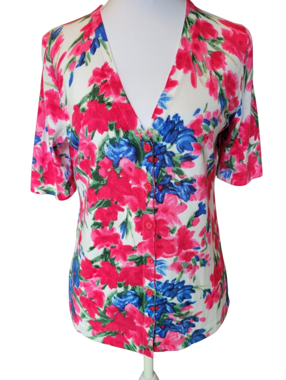 Talbots Pink White Floral Short Sleeve Button Front Cardigan